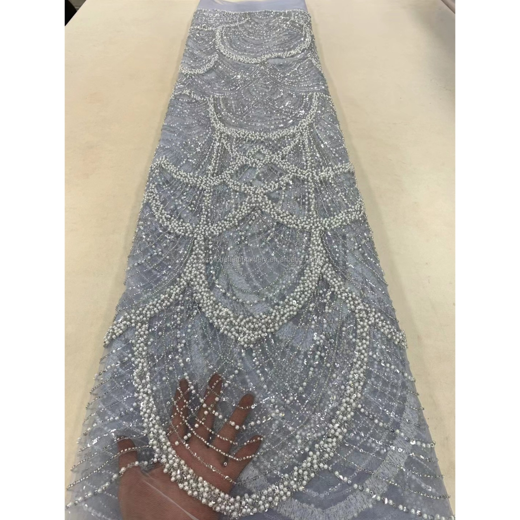 bridal heavy lace embroidery fabrics wedding dress low price crystal beaded lace fabric for party dress