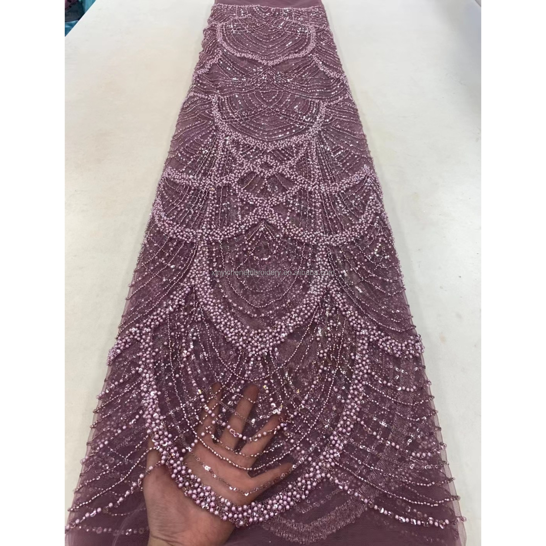 bridal heavy lace embroidery fabrics wedding dress low price crystal beaded lace fabric for party dress