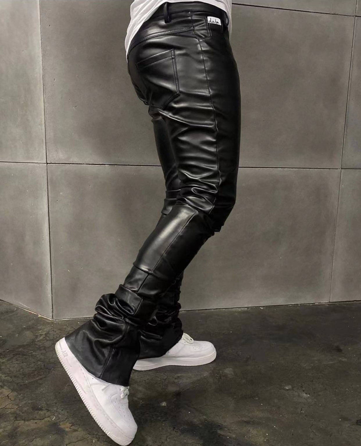 custom logo track pants winter stacked Slim Fit Pu Lather Motorcycle Streetwear Stacked Flare Faux Leather Pants for men