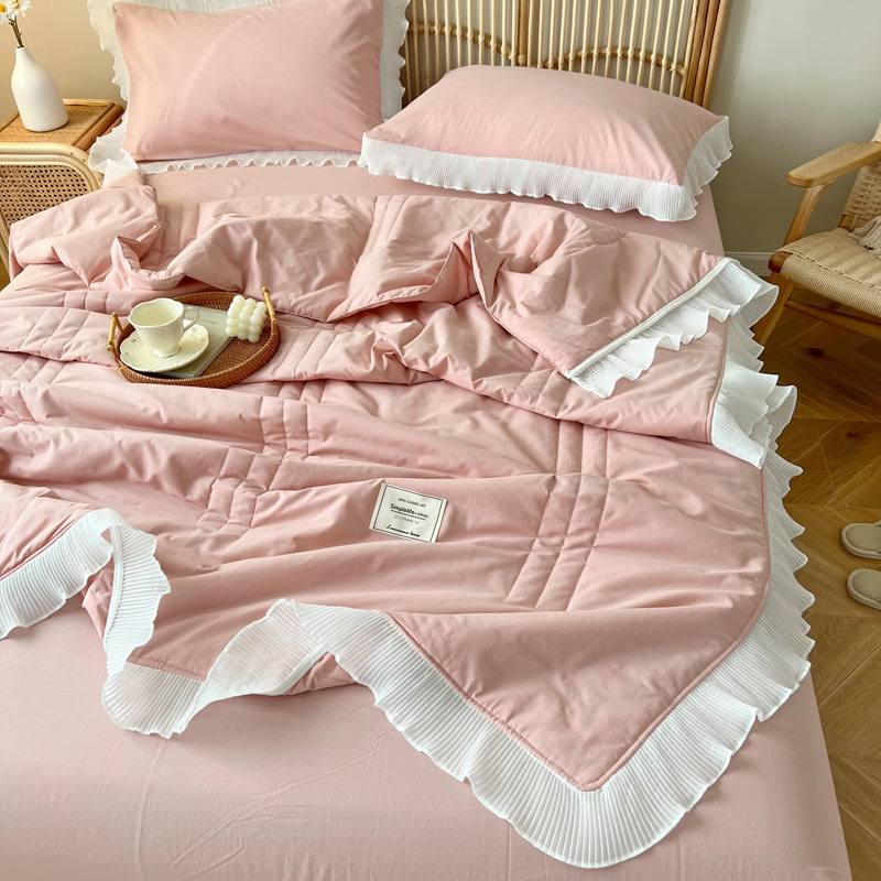 Korean Princess Lady Summer Washed Cotton Air Conditioning Quilt Single Double Solid Color Lace Comforter Home Wedding Hotels