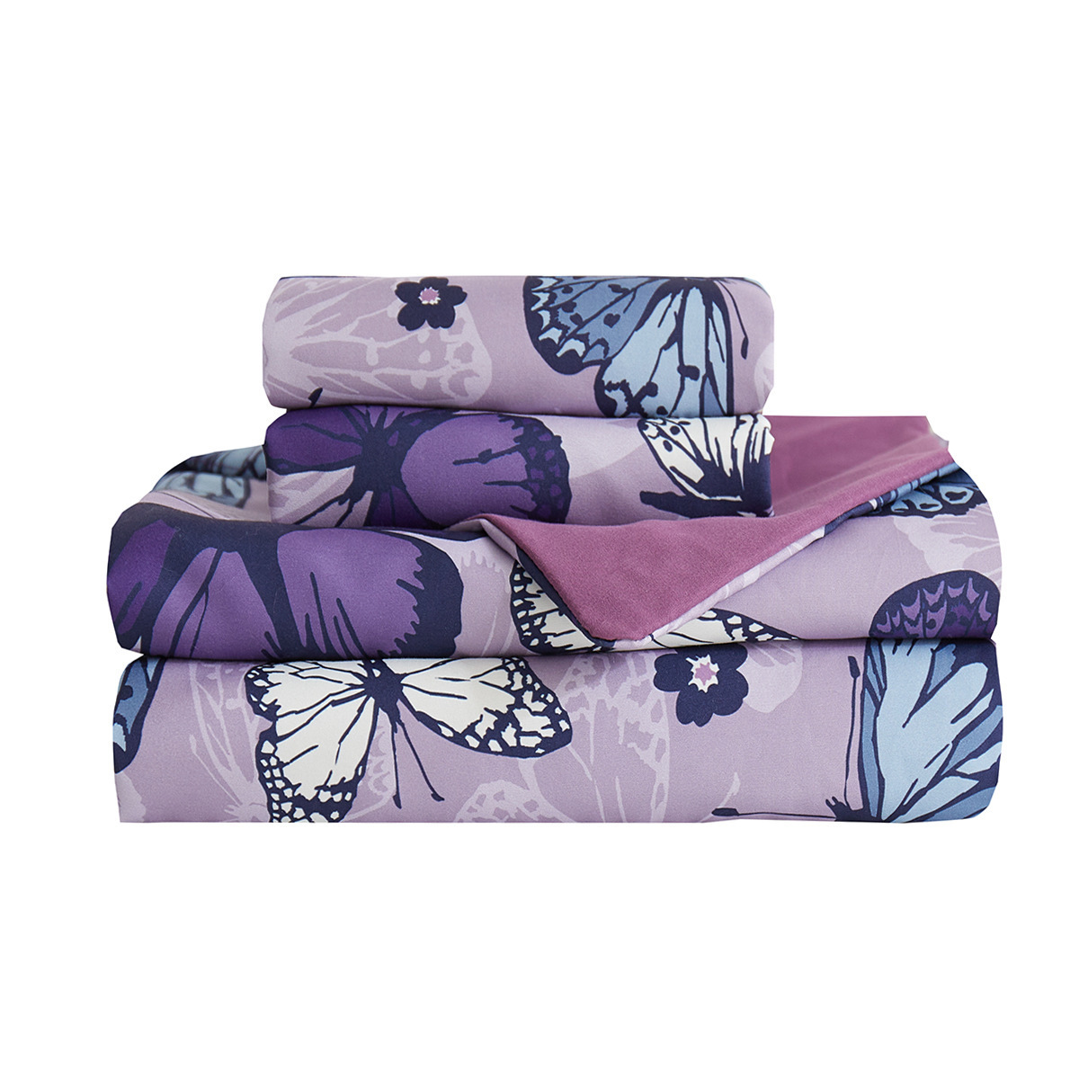 Nordic purple butterfly print polyester three-piece set bed sheet quilt cover bedding set