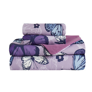 Nordic purple butterfly print polyester three-piece set bed sheet quilt cover bedding set