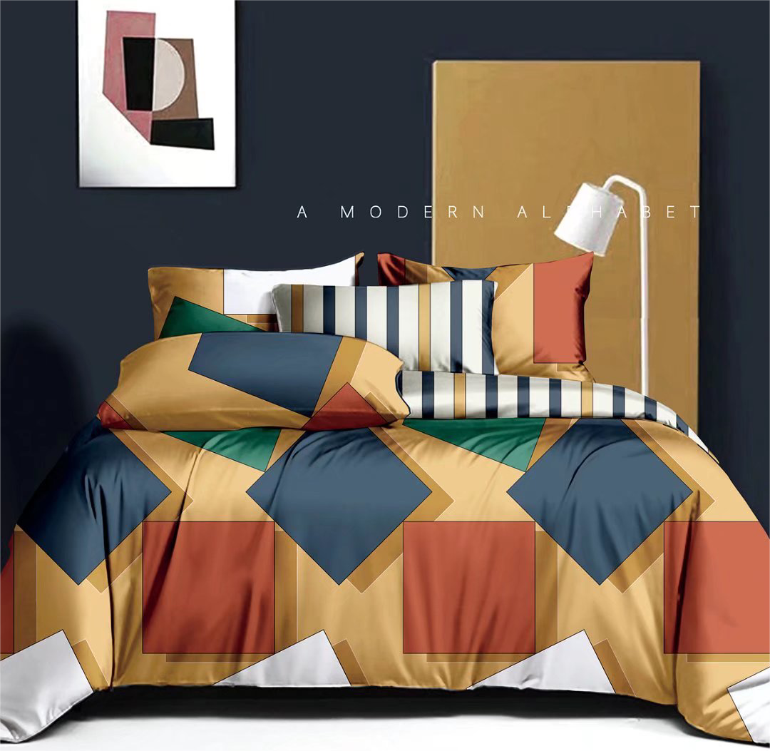 New European and American Geometric Print Aloe Vera Cotton Four-Piece Bedding Set 100% Polyester Quilt Cover and Sheet