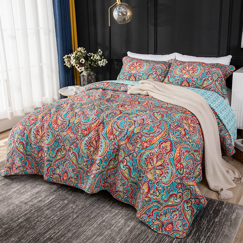 European and American dense pattern printing quilted quilt summer bedspread three-piece set pure cotton bedding