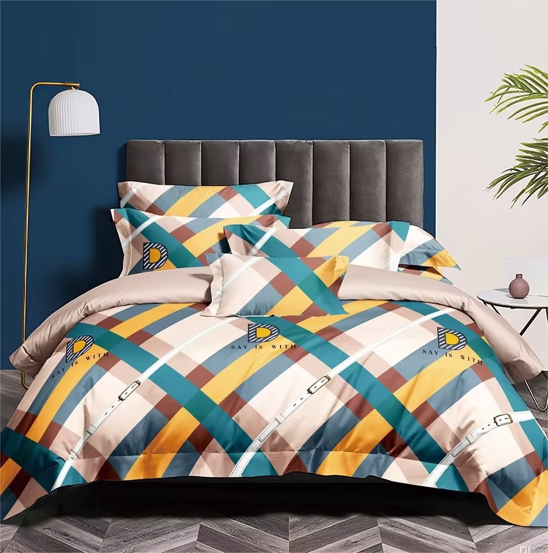 New European and American Geometric Print Aloe Vera Cotton Four-Piece Bedding Set 100% Polyester Quilt Cover and Sheet