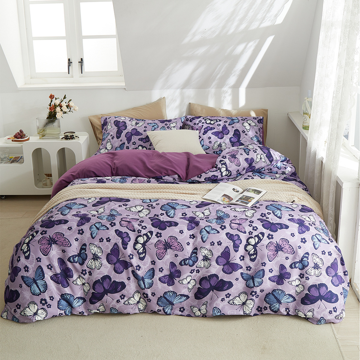 Nordic purple butterfly print polyester three-piece set bed sheet quilt cover bedding set