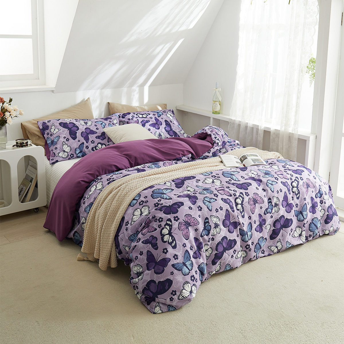 Nordic purple butterfly print polyester three-piece set bed sheet quilt cover bedding set