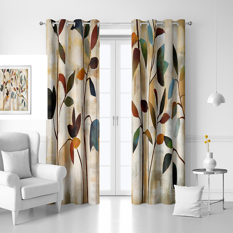 Custom Pattern Leaf Printing Polyester Blackout Adult Bedroom Curtains