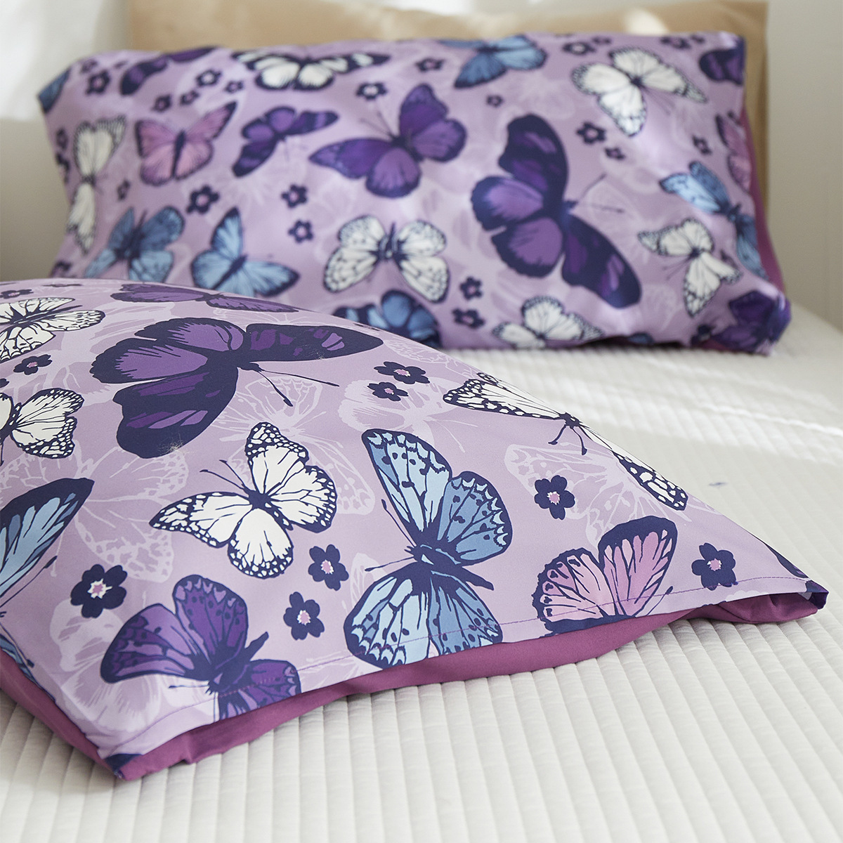 Nordic purple butterfly print polyester three-piece set bed sheet quilt cover bedding set