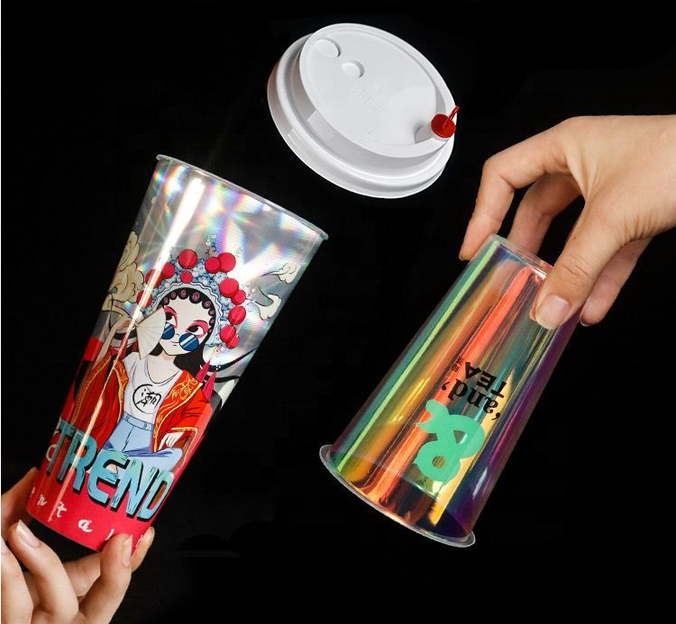 Custom personalize bubble milk tea cups coffee fruit juice holographic disposable pp plastic cup