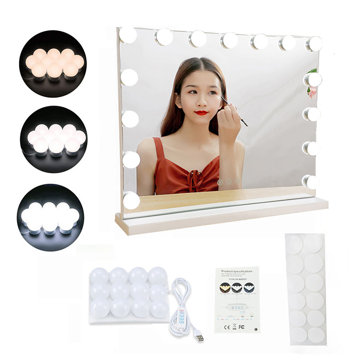 Style Makeup Lights Withmirrorr and 12V Adapter, Stick Ocosmetic Mirror Modern Paste 5V LED Vanity Makeup Mirrorror, H12 Bulbs