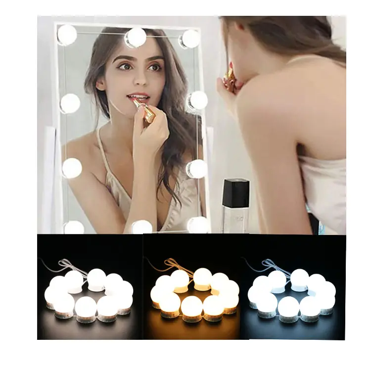 DIY Hollywood Style Dressing Table 10-Bulb Tricolor Dimmable LED Light Makeup Vanity Bulbs Customizable Logo USB DC 12V 15W AC