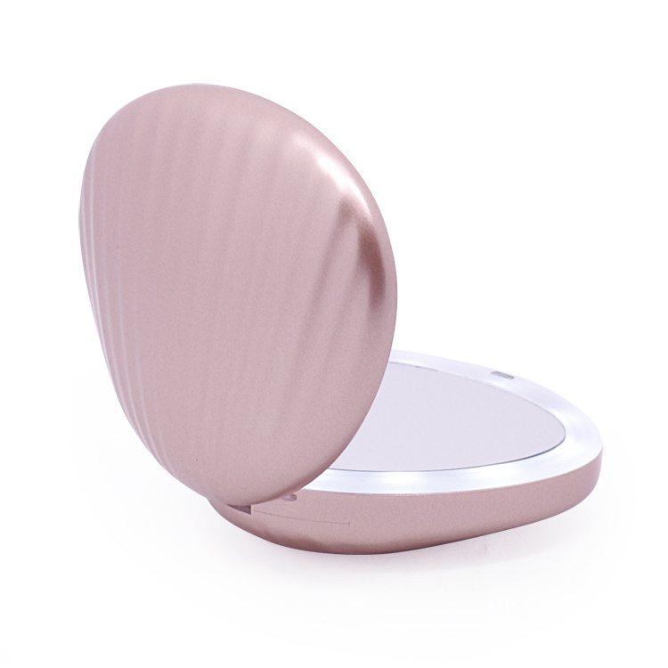 2024 New Arrivals Two sides Shell Shape Compact Mirror Portable Powerbank LED Lighted Makeup Mirror