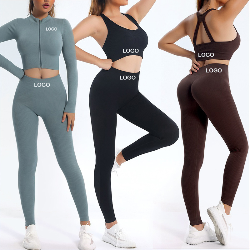 Custom Logo 6-piece Set Yoga Set For Women Sports Fitness Activewear Gym Seamless Ribbed Active Wear Yoga Set