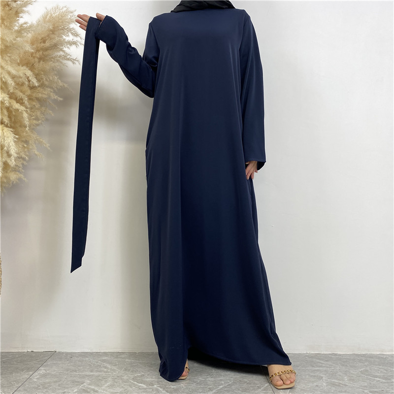 Middle East Dubai Hot Sale Solid Color Tied Abaya With Pockets Muslim Dress Islam Jumpsuit Women 2024 Robe Musulmane