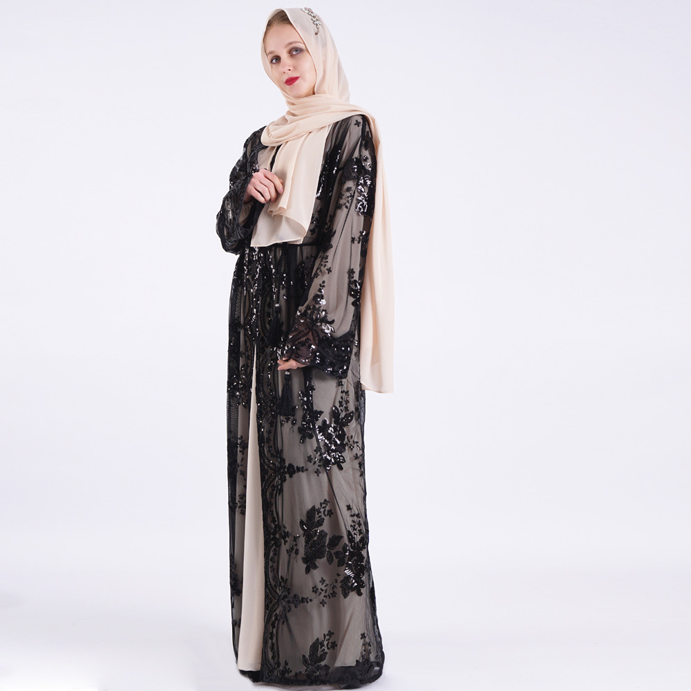 Abaya Dubai 2024 Women Two Piece Organza Abaya Embroidery Sequins Chiffon Open Abay With Inner Dress