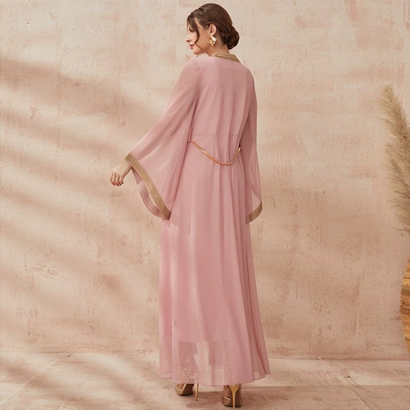 New 2024 Eid Pink Embroidered Long Sleeve Maxi Dress Femme Women Dubai Turkey Muslim Fashion Traditional Muslim Clothing