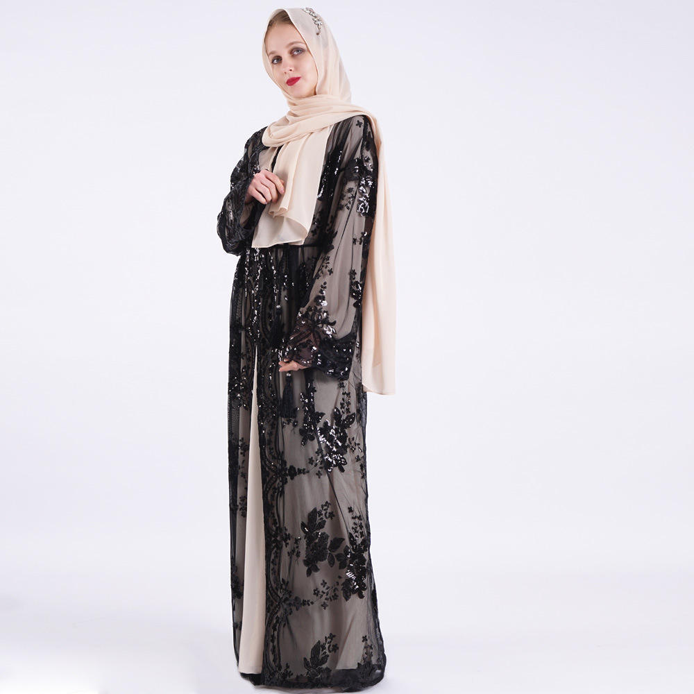 Women'S Autumn And Winter Spot Printed Robes Muslim Long Sleeve Islamic Velvet Maxi Sequin Dress Winter Abaya