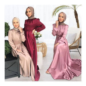 Wholesale Clothes Turkey  Muslim Arab Prom Party Dress Satin Long Muslim Dress Pink Silk Dress Abaya Dubai Scarf For Women Hijab