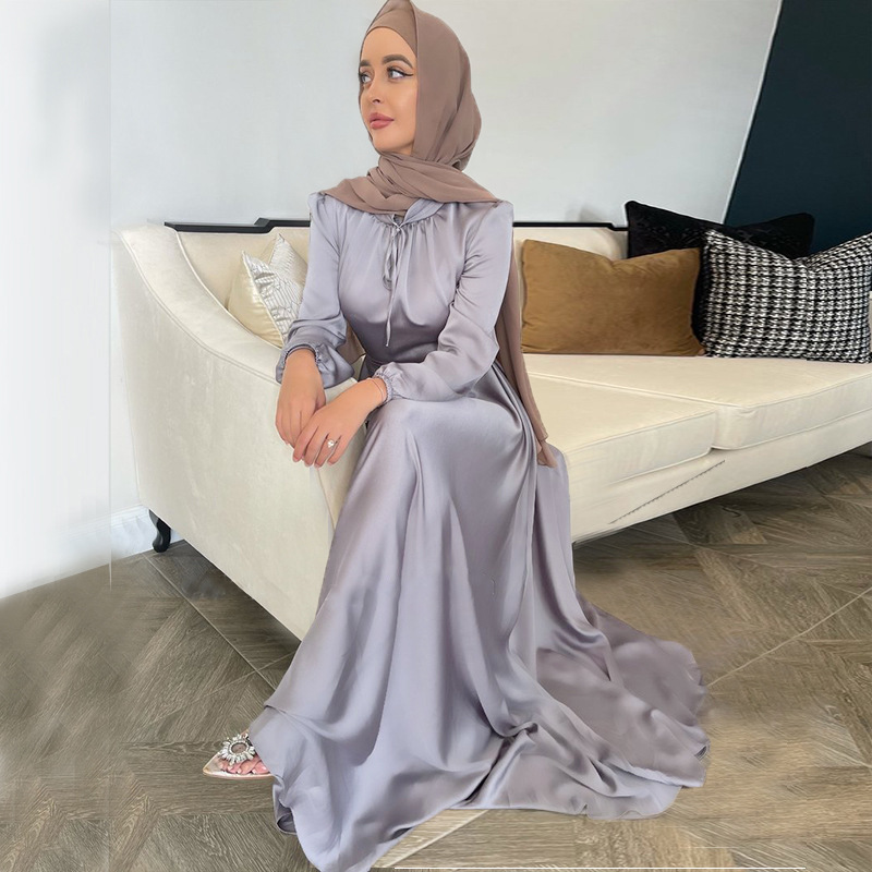 Wholesale Clothes Turkey  Muslim Arab Prom Party Dress Satin Long Muslim Dress Pink Silk Dress Abaya Dubai Scarf For Women Hijab