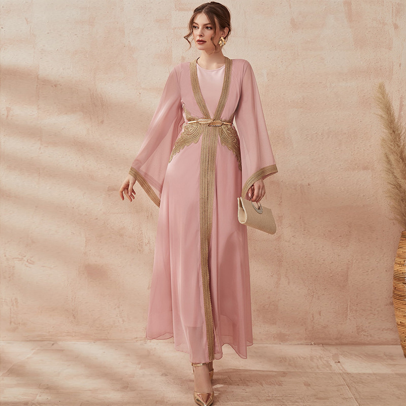 New 2024 Eid Pink Embroidered Long Sleeve Maxi Dress Femme Women Dubai Turkey Muslim Fashion Traditional Muslim Clothing