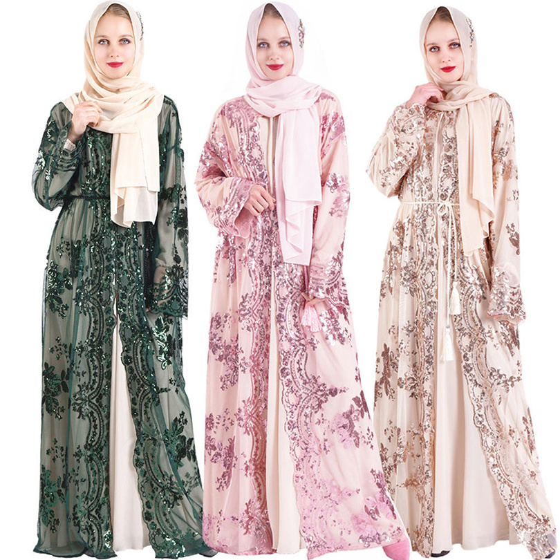 Women'S Autumn And Winter Spot Printed Robes Muslim Long Sleeve Islamic Velvet Maxi Sequin Dress Winter Abaya