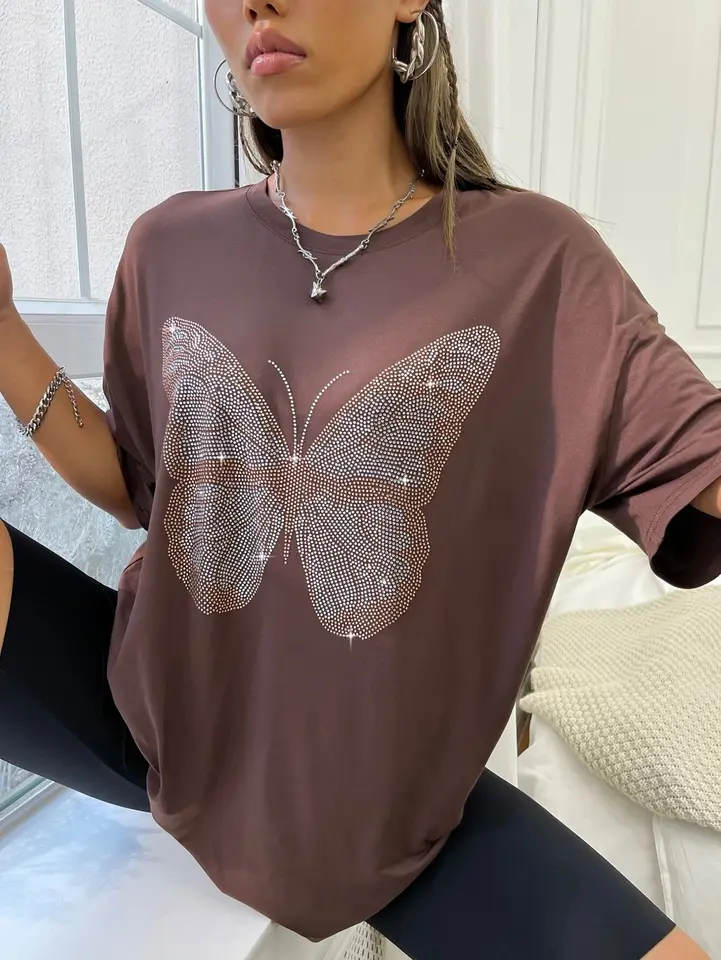 2023 Hot selling  Custom butterfly rhinestone shirts for women oversized rhinestone t shirts