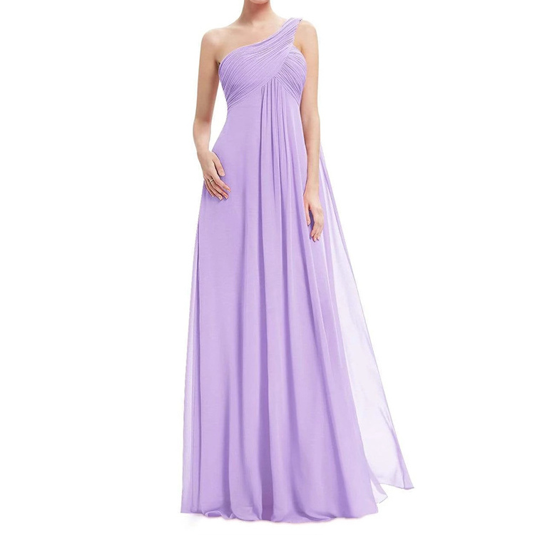 Dresses manufacturer Purple Pleated Elegant One Shoulder Wrap Bridesmaid Dresses Long Prom Evening  Chiffon Dress For Women