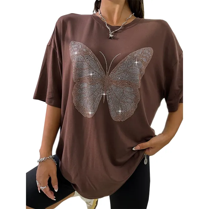 2023 Hot selling  Custom butterfly rhinestone shirts for women oversized rhinestone t shirts