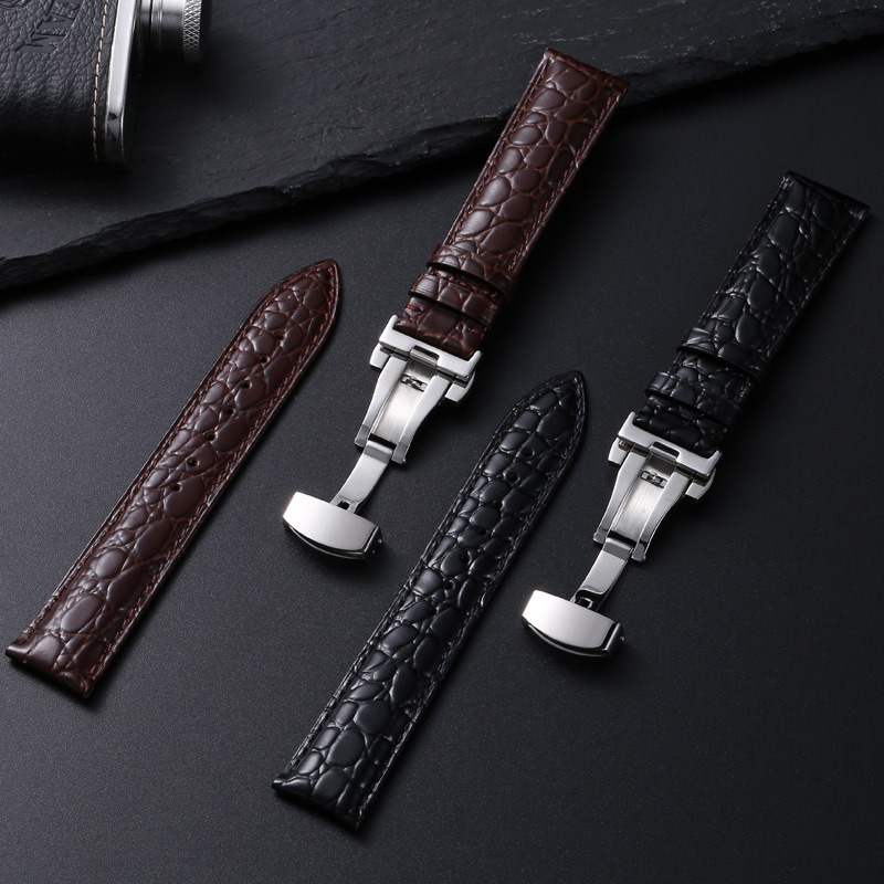 Stainless Steel Automatic Clasp Men Crocodile Pattern Watchband 18mm 20mm 22mm Genuine Leather Watch Band Straps