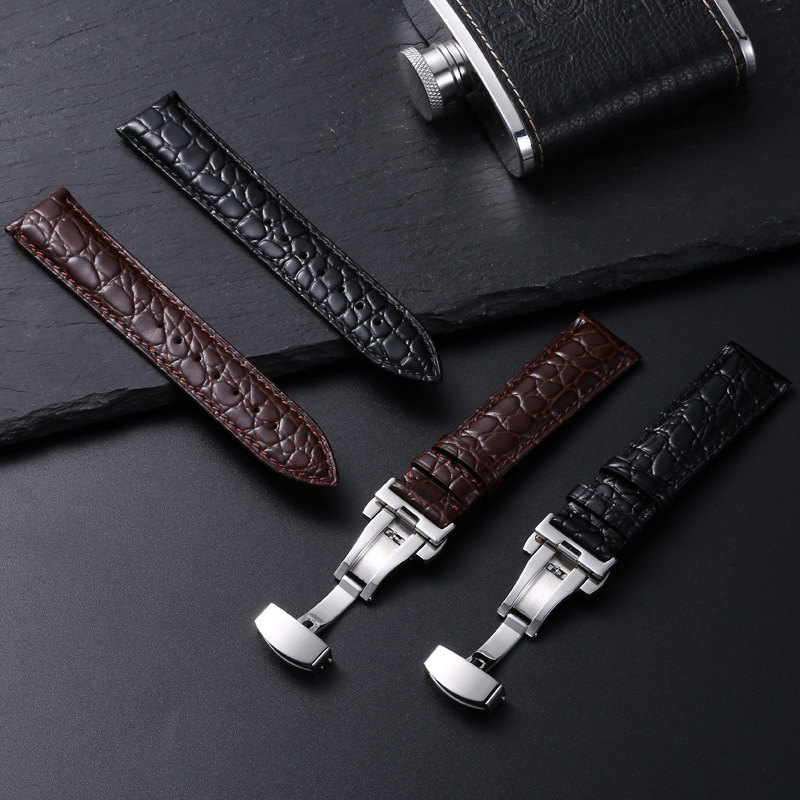 Stainless Steel Automatic Clasp Men Crocodile Pattern Watchband 18mm 20mm 22mm Genuine Leather Watch Band Straps