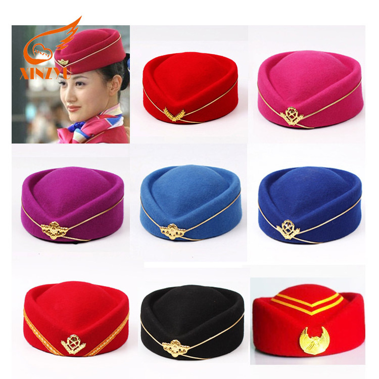 Custom Fedora Stewardess Cap Wool Felt Airline Stewardess Hat With Scarf