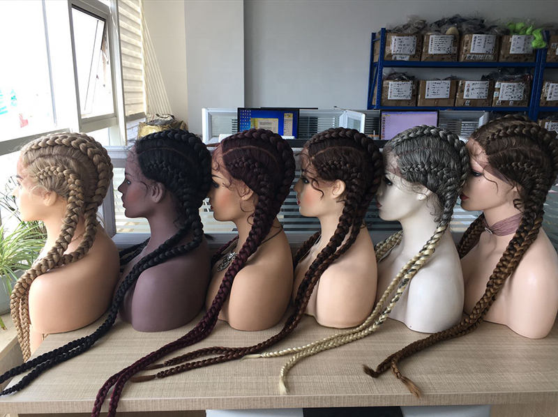 Wholesale 30 Inch Long 4 Braids Wigs Synthetic 13*4 Lace Frontal Wigs For Black Women Heat Resistant black braided wigs