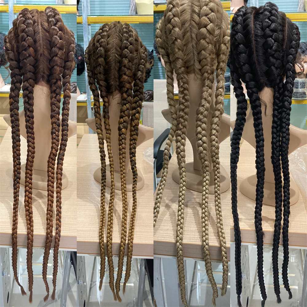 Wholesale 30 Inch Long 4 Braids Wigs Synthetic 13*4 Lace Frontal Wigs For Black Women Heat Resistant black braided wigs