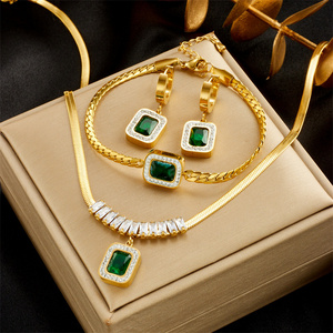 Wholesale Hot Sale Women Emerald 18K Gold Plated Jewelry Stainless Steel Zircon Pendant Necklace Earrings Bracelet Set