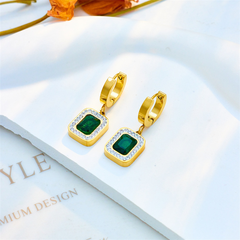 Wholesale Hot Sale Women Emerald 18K Gold Plated Jewelry Stainless Steel Zircon Pendant Necklace Earrings Bracelet Set