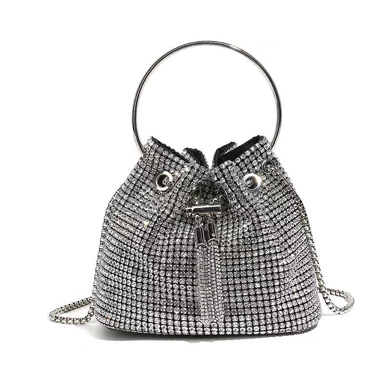 High Quality Fashion Crystal Bling Rhinestone Bucket Purse Handbag 2023 Sparkle Trendy Luxury Ladies Diamond Evening Bag