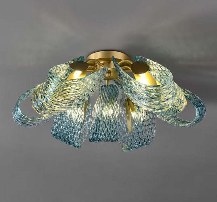 Modern Art Creative Flower Lights Flush Mount Blue Glass Light Fixture For Bedroom Dining Room Living Room