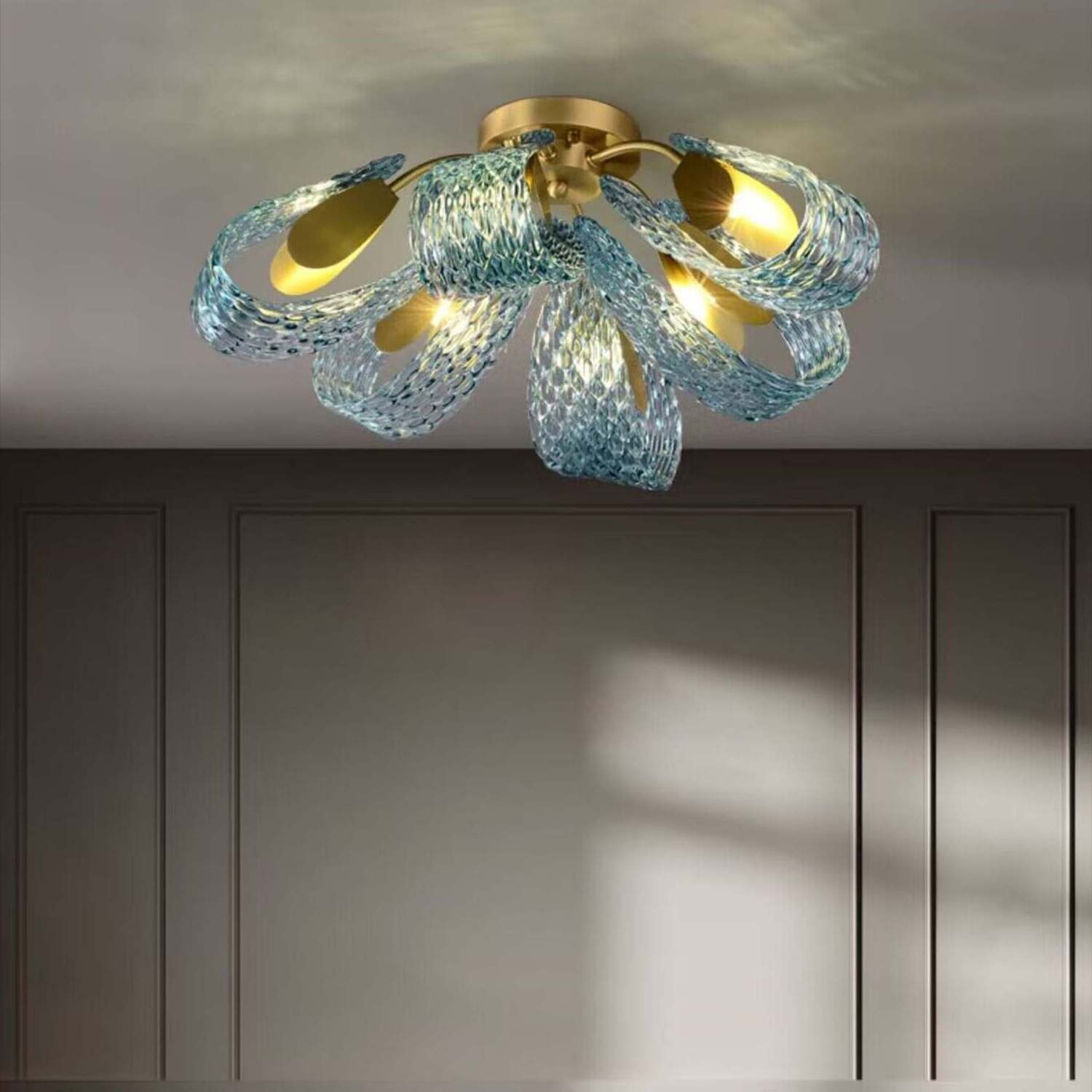 Modern Art Creative Flower Lights Flush Mount Blue Glass Light Fixture For Bedroom Dining Room Living Room