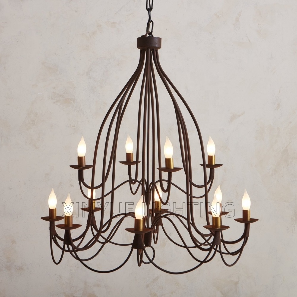 Custom Rustic Vintage Italian Two-tier Patinated Curved Wrought Iron Candelabra Light Bulbs Pendant Lights Round Chandelier