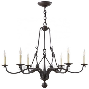 Custom Antique Rustic Patinated Wrought Aged Iron Curved Detailing Metal Candelabra Light Bulbs Pendant Lights Round Chandelier