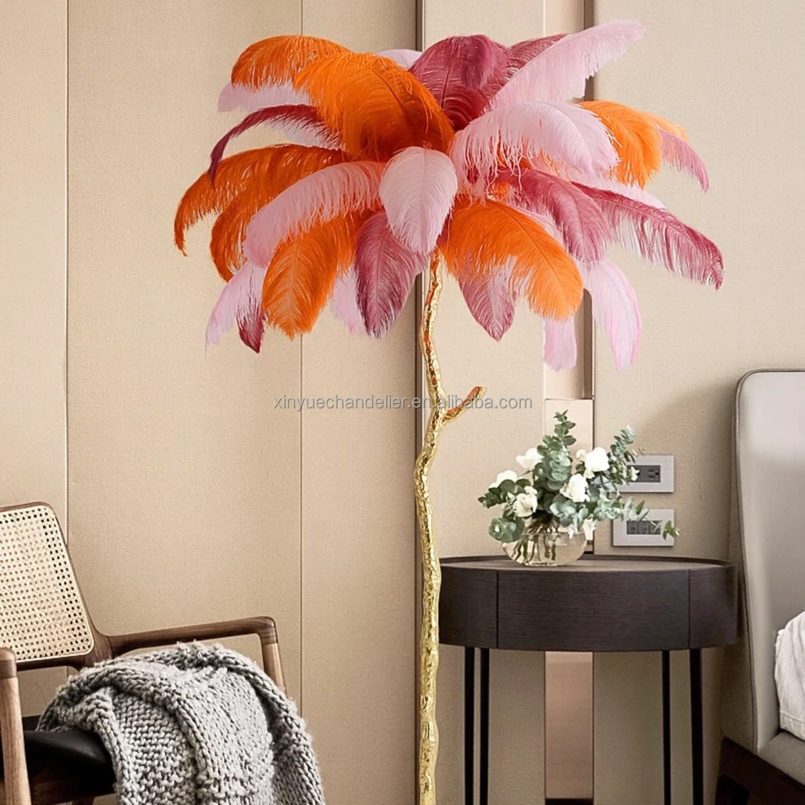 Custom Modern Ostrich Feather Floor Light Living Room Pure Copper Luxury Tree-Shaped Decoration Floor Lamp