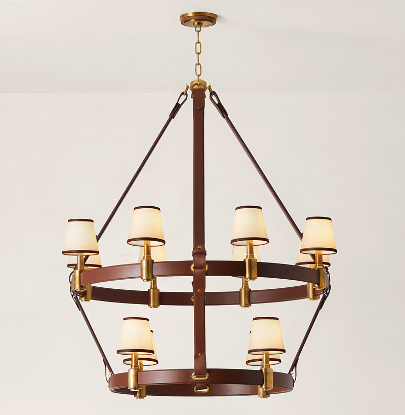 Circle Ring Riley Large 2-Tier Solid Brass Chandelier With Leather trim Luxury LED Pendant Light Antique Light Fixture