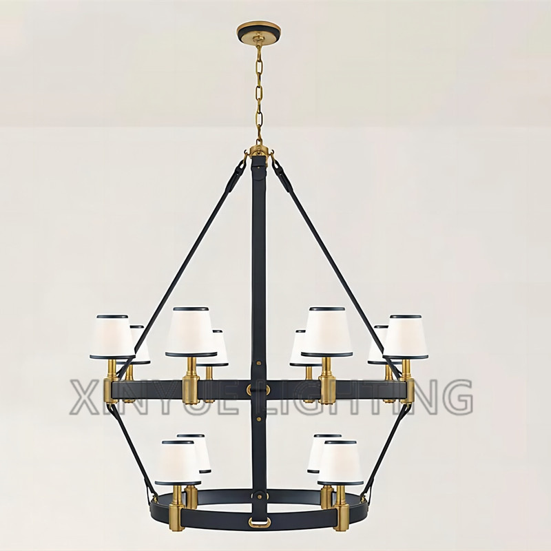 Circle Ring Riley Large 2-Tier Solid Brass Chandelier With Leather trim Luxury LED Pendant Light Antique Light Fixture