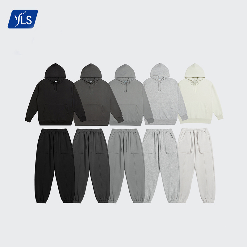 YLS Hot Sale Outdoor Comfy Men Classic Soild Color Hoodie Sweatsuit Loose Fit Soft Fleece Plain Hoodie And Sweat Pants Set