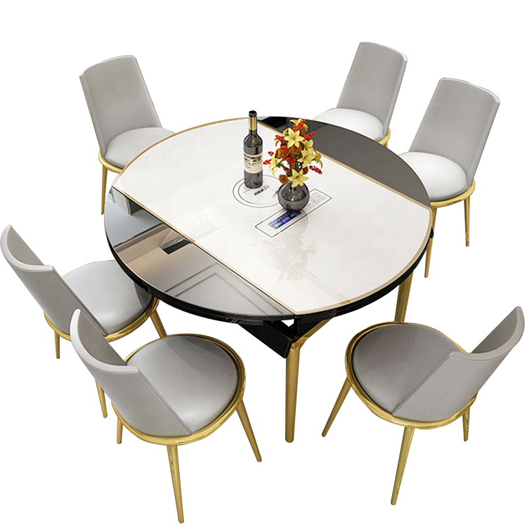 Modern home furniture chair and white marble top stainless steel frame round dining table