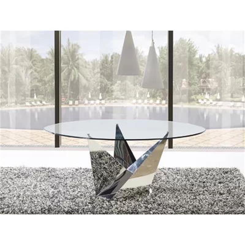 Fashion Design Stainless Steel Base Mirrored Glass Top Round Dining Table Set 6 Chairs XD63