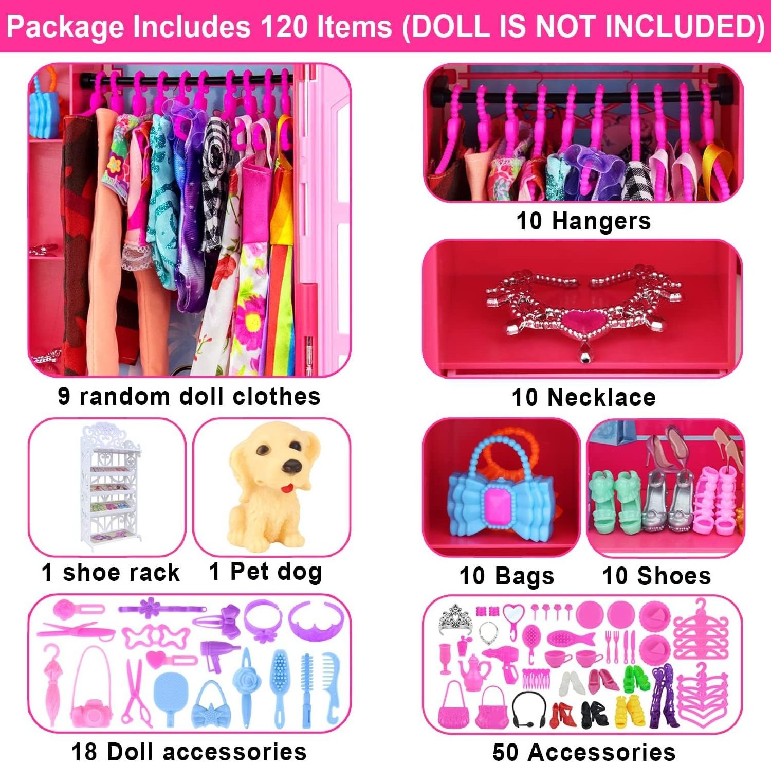 120 Pcs Fashion Doll Closet Wardrobe for Doll Clothes and Accessories Storage Include Clothes Dresses Shoes Shoes Rack Bags Neck