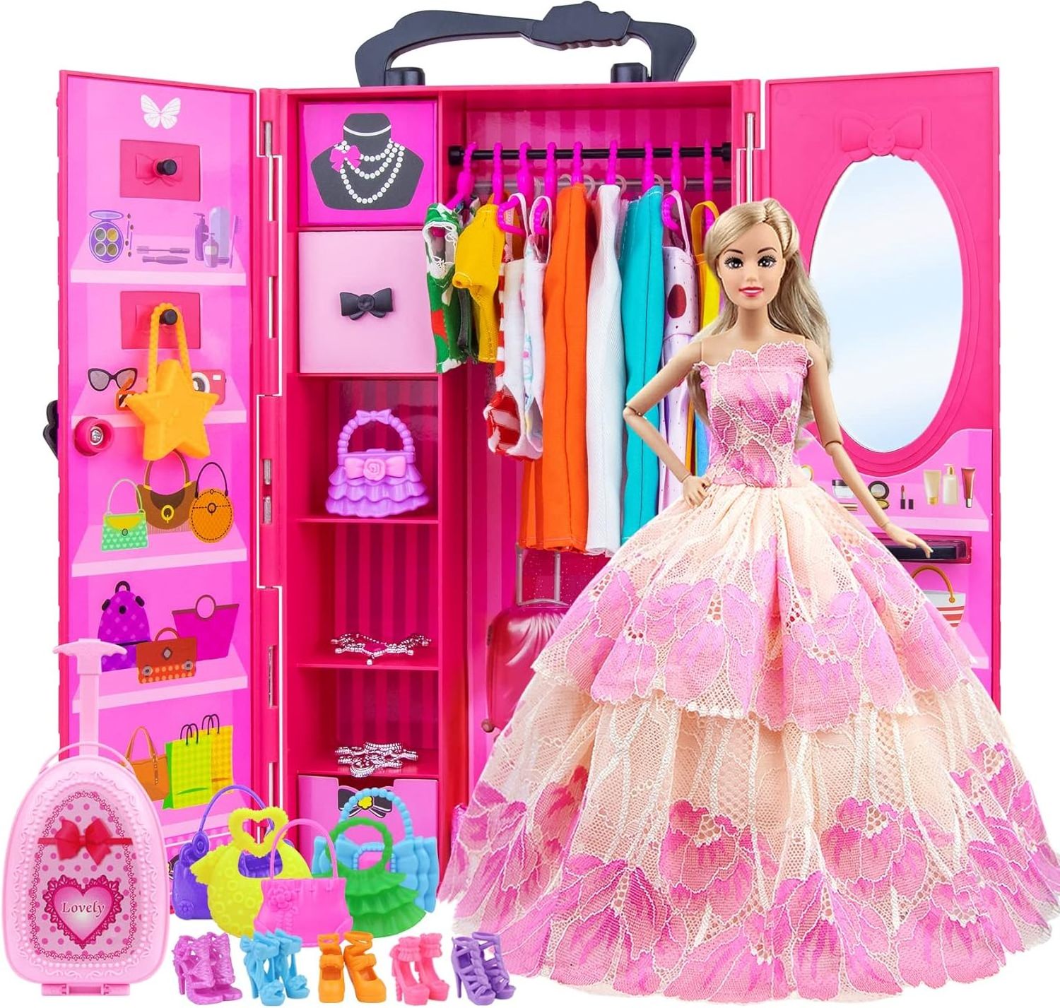 101 Pcs 11.5 Inch Doll Closet Wardrobe with Clothes Dresses Shoes and Other Accessories for 11.5 Inch Girl Doll Stuff Kids Girl