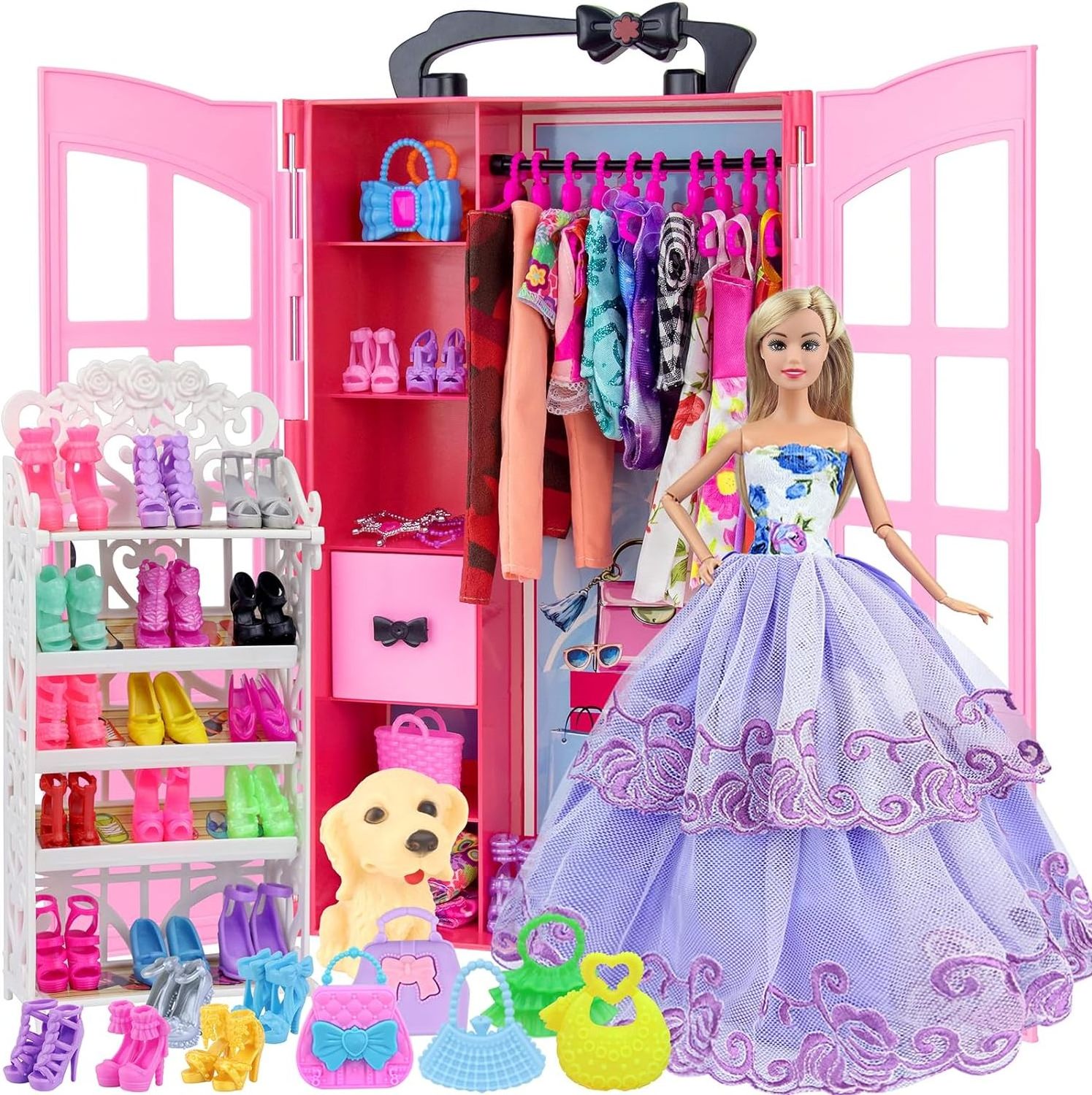 120 Pcs Fashion Doll Closet Wardrobe for Doll Clothes and Accessories Storage Include Clothes Dresses Shoes Shoes Rack Bags Neck